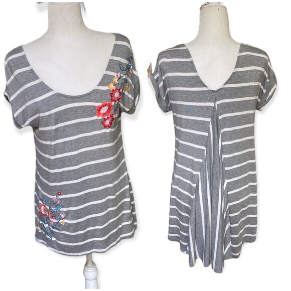 CAITE Athleta Striped Floral Embroidered Longer Back Tunic Top size Medium M - Picture 1 of 11